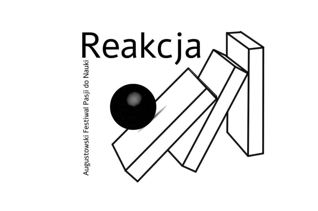 Czarna kula zbija białe domino, u góry poziomo Reakcja, z prawej pionowo podtytuł Festiwalu