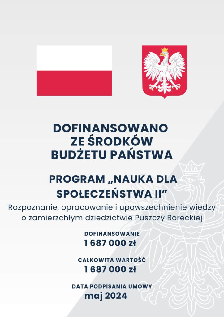 Plakat informacyjny: Dofinansowano z budżetu państwa, program Nauka dla społeczeństwa II, nazwa projektu, dofinansowanie: 1 687 000 zł, całkowita wartość: 1 687 000 zł, data podpisanie umowy: maj 2024