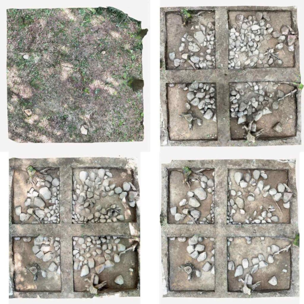 zestawienie czterech skanów wykopu od widoku naturalnego po poziom najniższy