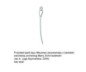 Przykład szpili typu Nikutowo zaczerpnięty z kartoteki estońskiej archeolog Marty Schmiedeheim (za: A. Juga-Szymańska, 2004), rysunek bez skali