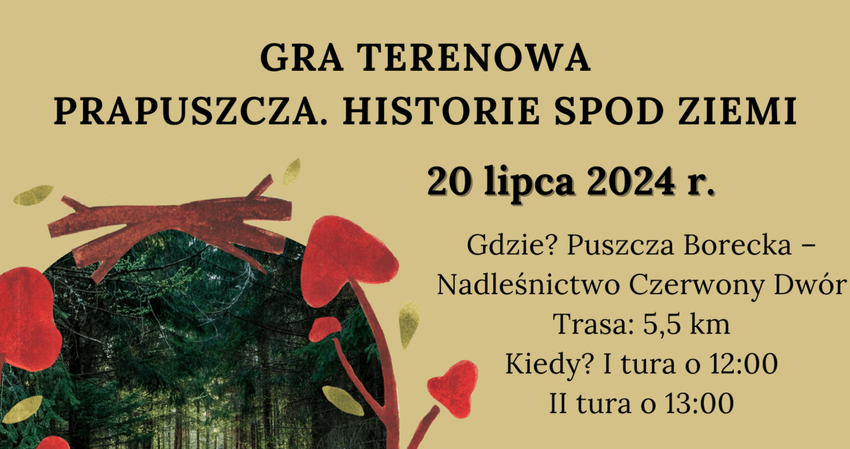 Fragment plakatu gry terenowej, widać tytuł, datę i miejsce, godziny rozpoczęcia