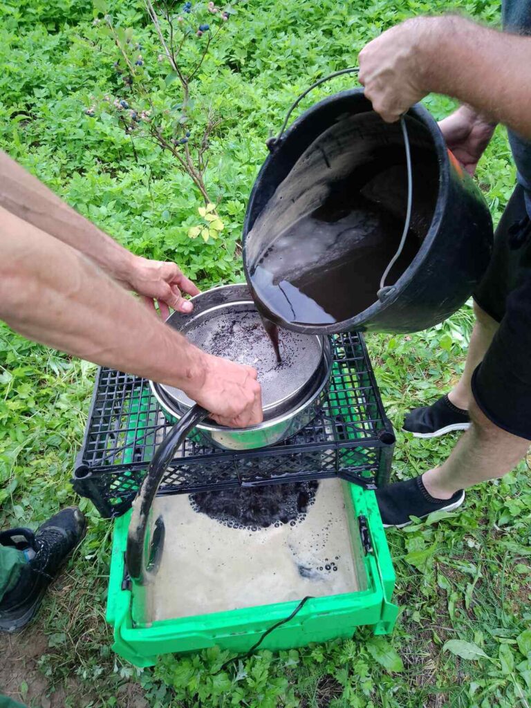 Malik trzyma sito a Bartek przelewa glebę z wodą