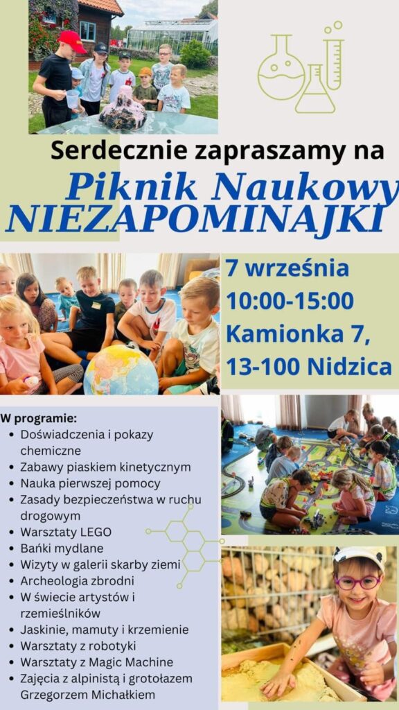 Plakat promocyjny Pikniku Niezapominajki: widać 4 zdjęcia w różnych częściach plakatu, program imprezy, datę i godz.