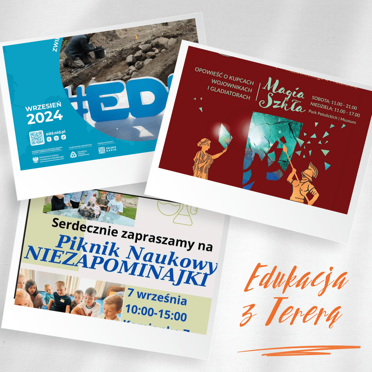Kolaż trzech zdjęć z plakatami wydarzeń i dopiskiem Edukacja z Terrą