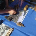 Zbliżenie na stół z rekonstukcjami zabytków i krzemieniami oraz zdjęciami