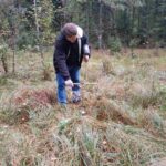 Piotrek wbija gumowym młotek świder w ziemię