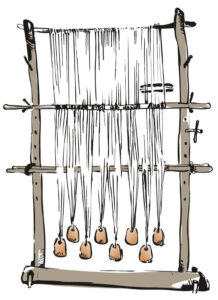 na rysunku takie samo krosno, tu z ośmioma ciężarkami stożkowatymi