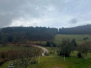 Widok ze wzgórza na pagórki, las i niebo