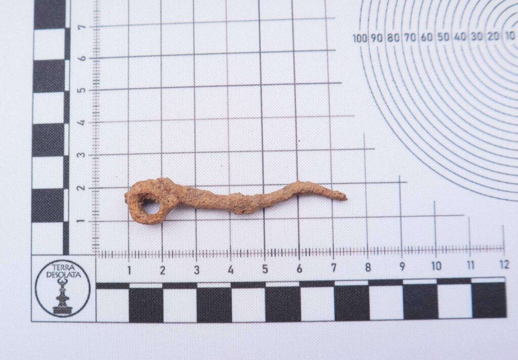 żelazny kolec zapinki leży na podkładce ze skalą