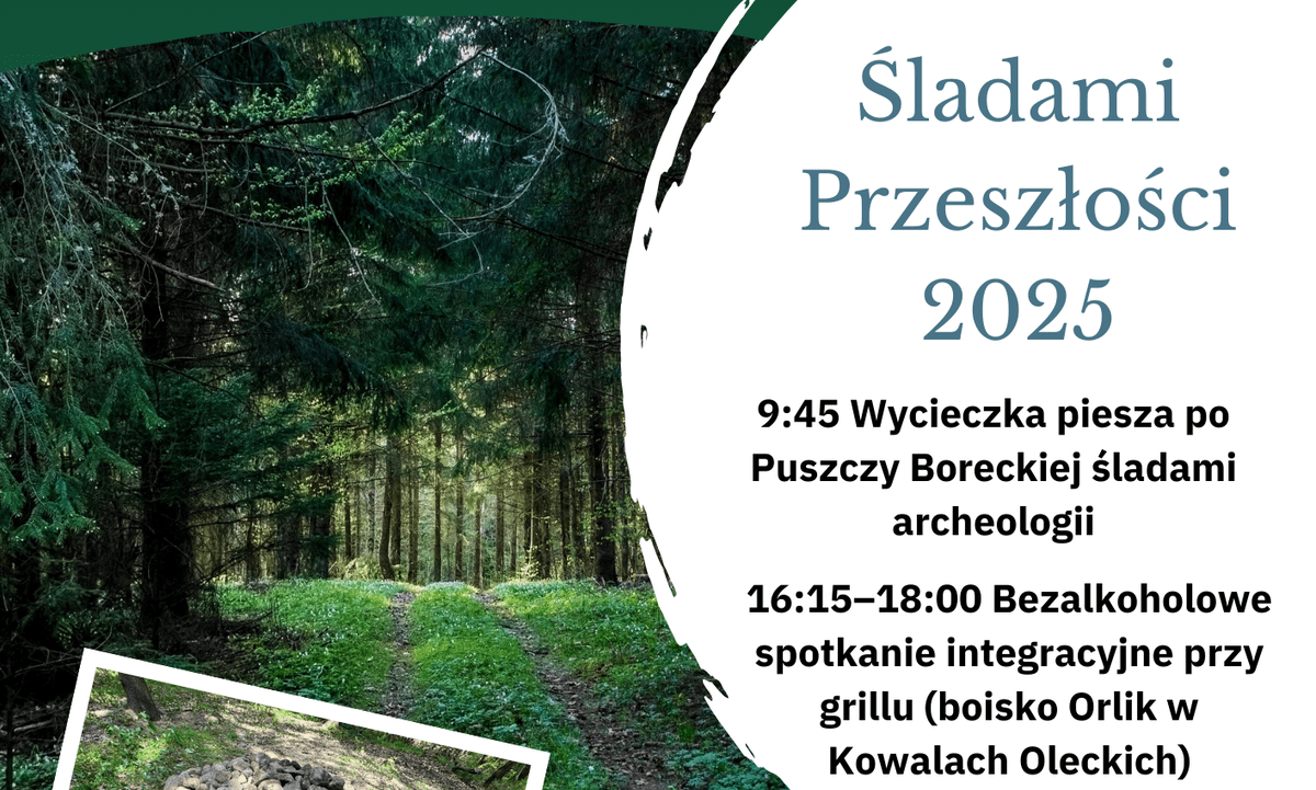 Mini plakat: W tle zdjęcie leśnej ścieżki, z prawej na białym tle tytuł projektu i punkty wydarzenia.