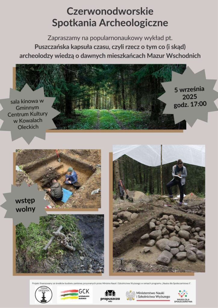 Plakat promujący wykład. Na tle a la kawa z mlekiem tytuł serii i wykładu, niżej zdjęcie lasu, zdjęcia z wykopalisk. U dołu stopka z logotypami. w trzech gwiazdkach dane o miejscu i godzinie.