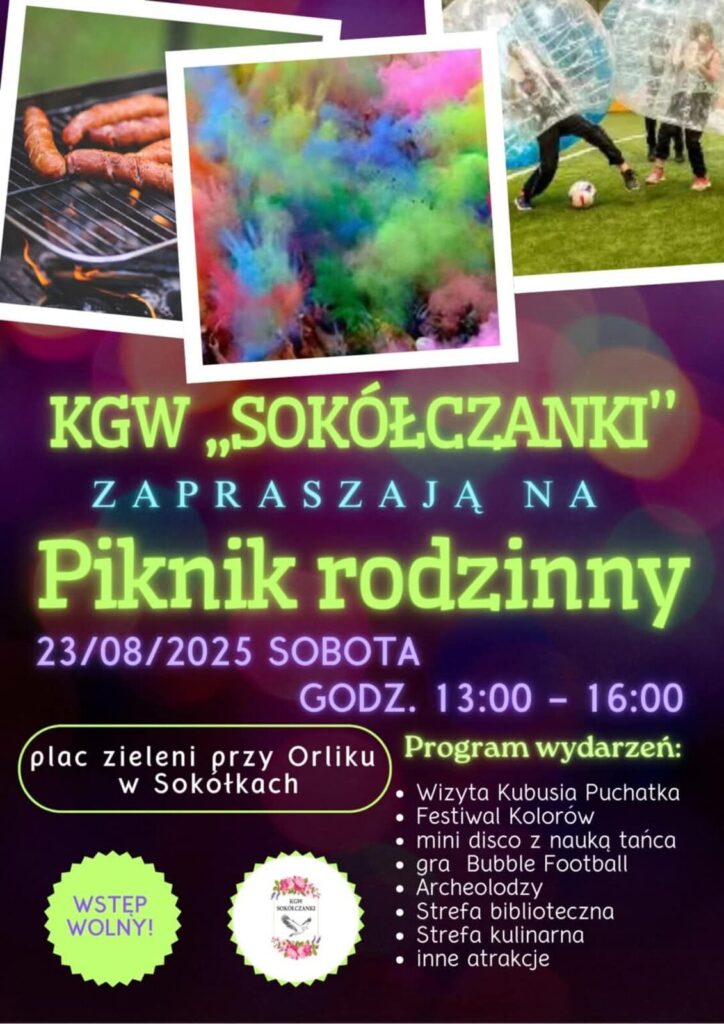 Plakat promocyjny pikniku. U góry 3 zdjęcia (grill, festiwal kolorów, gra w bubble football), niżej opis imprezy i logotypy organizatorów.