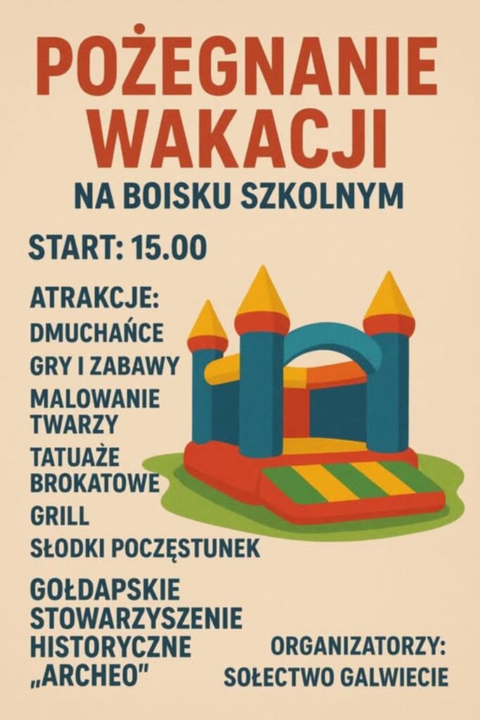 Plakat reklamujący wydarzenie. Po lewej opis atrakcji, a po prawej obrazek dmuchanego zamku.