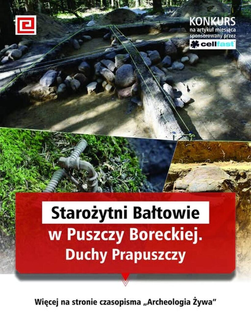 Grafika promująca artykuł: kolaż zdjęć z wykopalisk i tytuł na czerwonym tle
