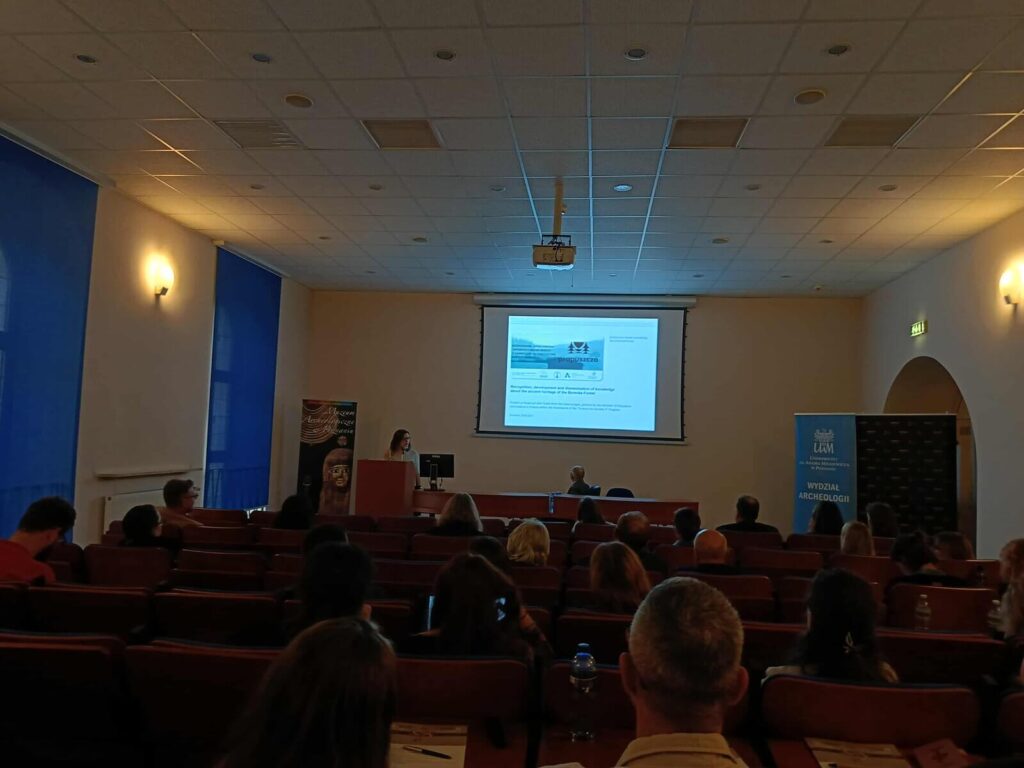 Kolejny widok z końca sali na ekran z prezentacją i z lewej przemawia Iwona