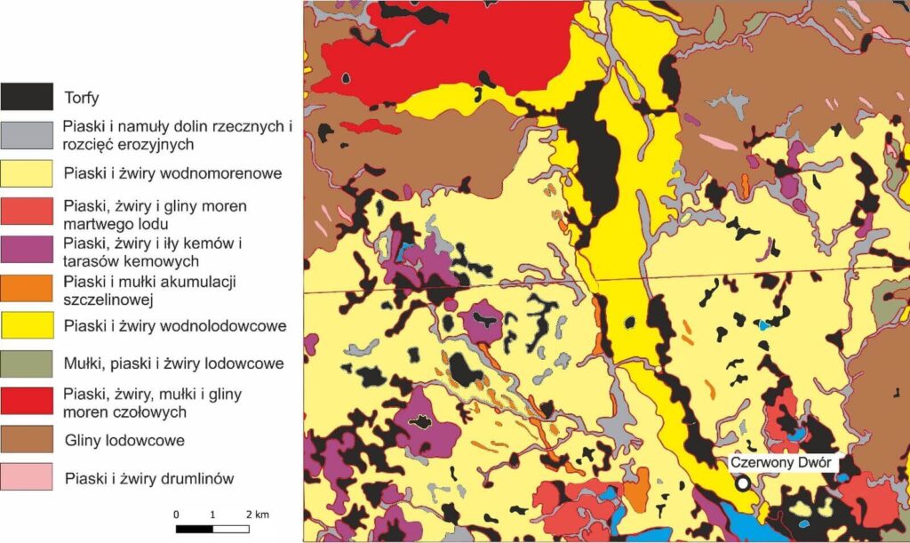 kolorowa mapa ukazująca rodzaje gleb pod Puszczą Borecką