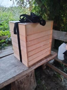 Zapakowane i zamknięte pudło z ceramiką do przewozu do pracowni.