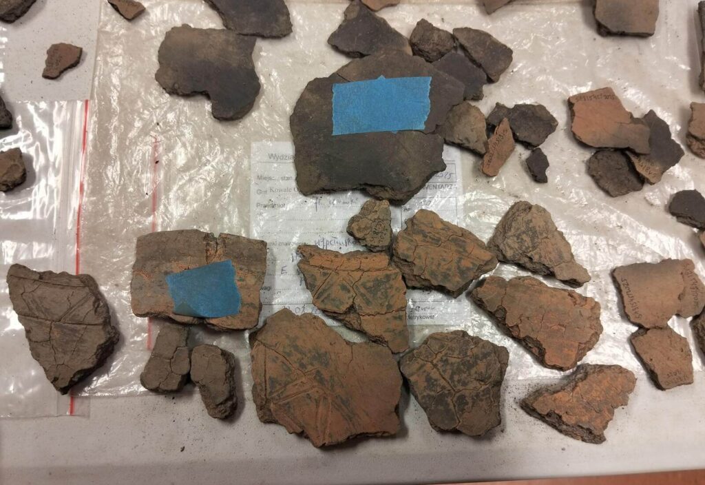 Zbliżenie na ceramikę z różnymi ornamentami.