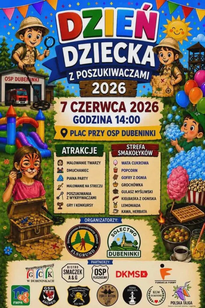 plakat wydarzenia, kolorowa grafika kreskówkowa ukazująca przewidziane atrakcje, opis i logotypy
