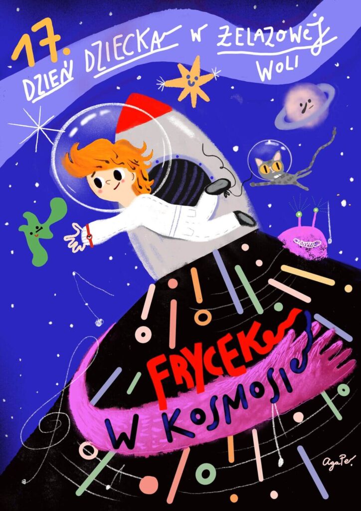 Plakat wydarzenia, Rysunek małego chłopca Frycka na tle rakiety, nutek, komiksowych gwiazd i planet, z lewej widać tez kota. Kot i Frycek mają kaski kosmiczne.
