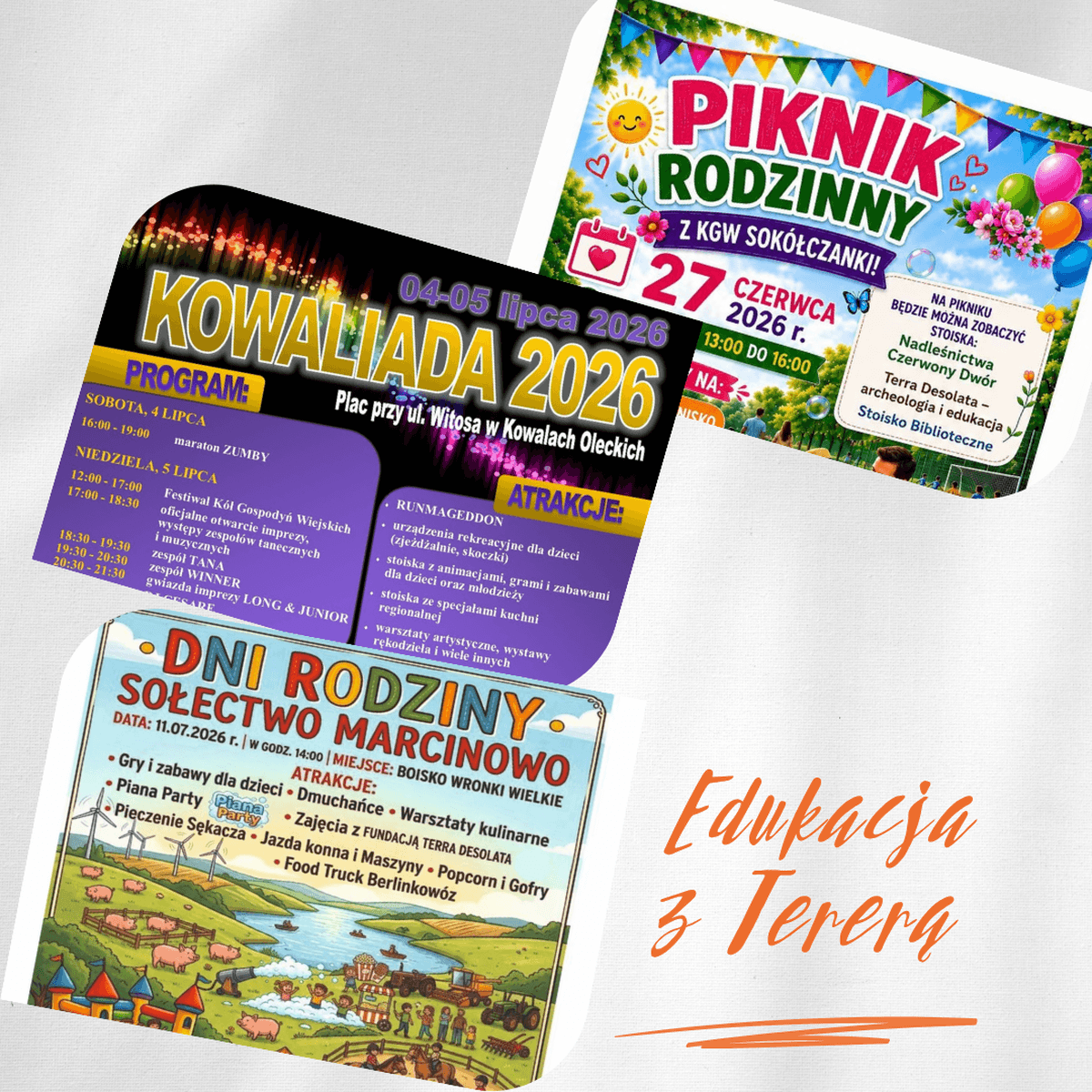 Grafika z plakatami wydarzeń i dopiskiem Edukacja z Terrą
