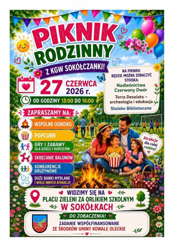 Bardzo kolorowy plakat wydarzenia w Sokółkach. Stworzony dzięki AI, na środku obrazek rodziny jedzącej popcorn siedząc na trawie. Wokół opis atrakcji i informacje o imprezie.