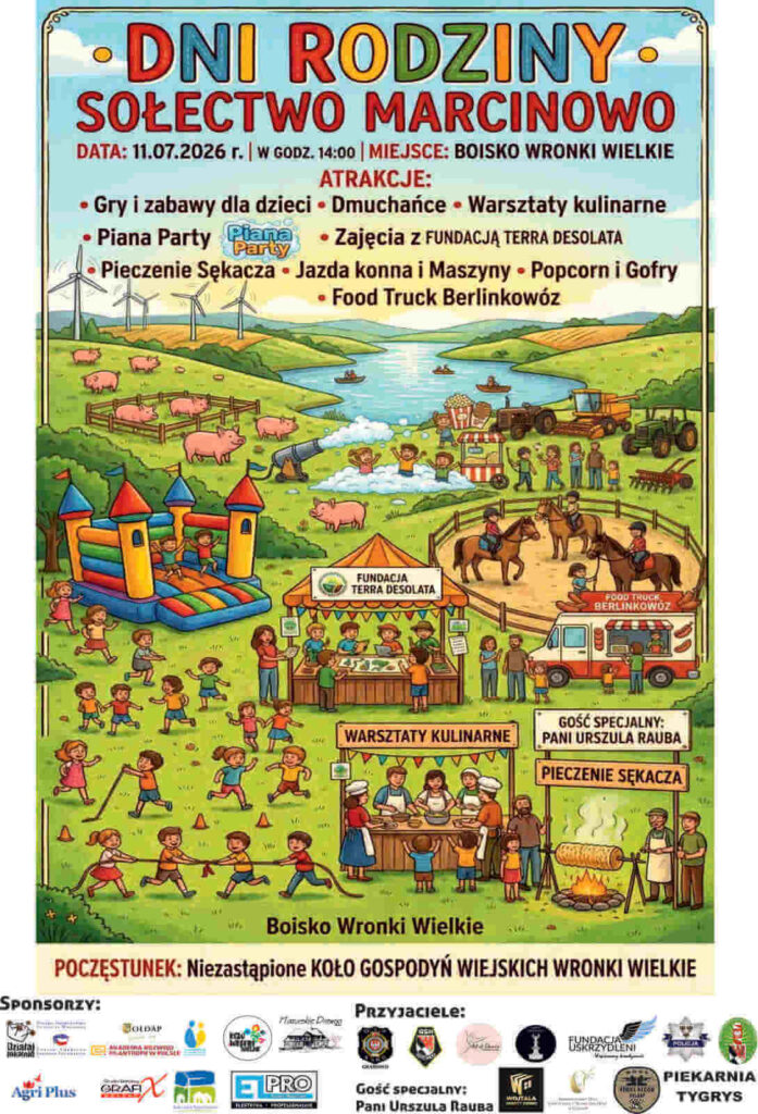 Bardzo kolorowy plakat wydarzenia we Wronkach. Stworzony dzięki AI, na środku mamy grafikę przedstawiającą krajobraz z wieloma atakcjami imprezy od dmuchańców po warsztaty. U góry tytuł informacje, u dołu logotypy.