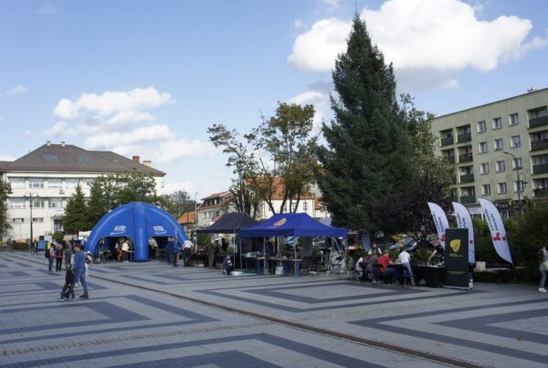 Widok na część placu. Pod namiotami i na innych stoiskach trwają warsztaty.